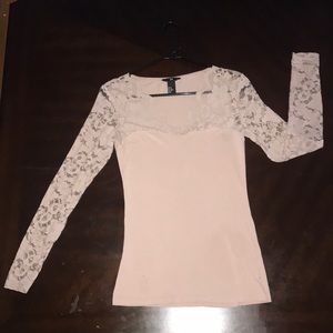 Pink rose lace v neck long sleeve shirt